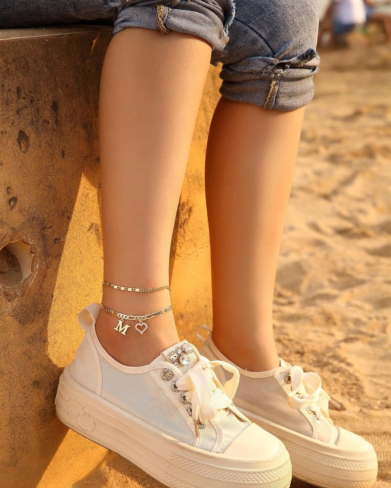Wremily Initial Ankle Bracelets for Women Waterproof 14K Gold Plated Dainty Layered Figaro Chain Letter Initial CZ Heart Ankle Bracelets Set Summer Beach Jewelry for Women - Image 5